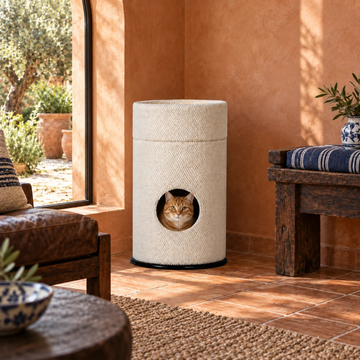 A cat inside Portal in Cloud in a warm terracotta room